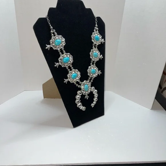 Silver tone squash blossom necklace with rhinestones & faux turquoise - Picture 6 of 13